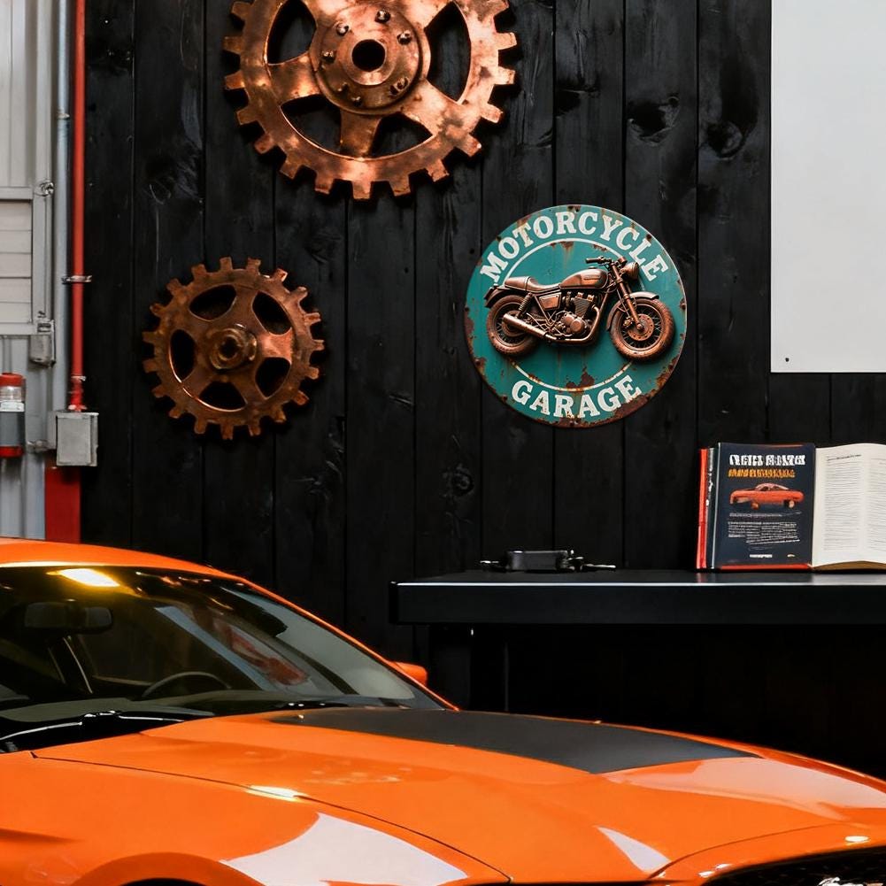 Motorcycle Garage Round Metal Sign, Vintage Biker Wall Decor for Man Cave Workshop