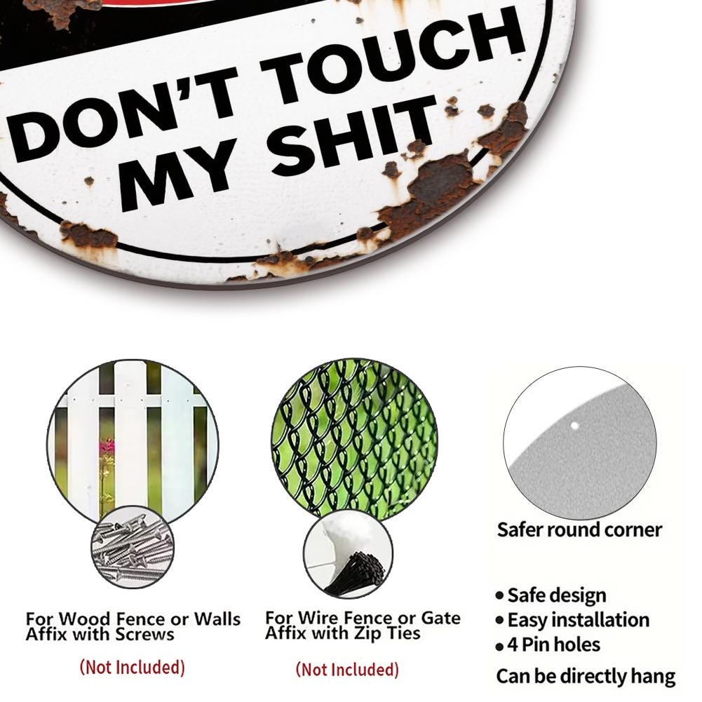 Warning Don't Touch My Shit Metal Sign, Funny Rustic Round Tin Wall Decor for Garage Man Cave Office