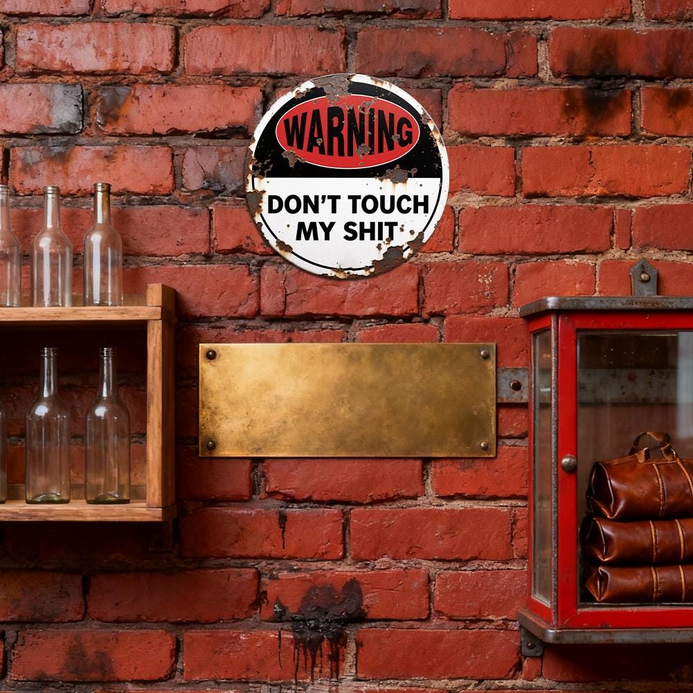 Warning Don't Touch My Shit Metal Sign, Funny Rustic Round Tin Wall Decor for Garage Man Cave Office