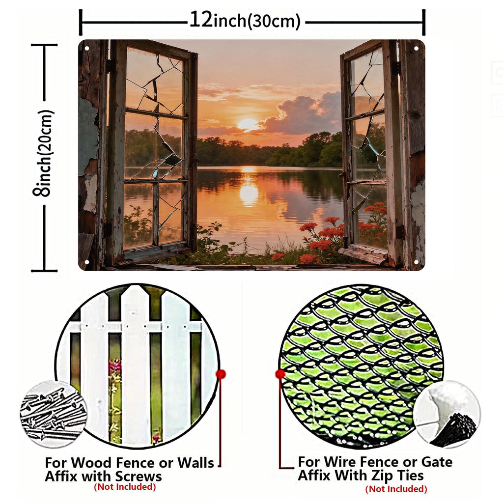 Rustic Open Window Lake Sunset Metal Sign, Broken Window View Wall Art for Farmhouse Cabin Home Decor