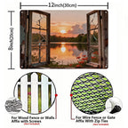 Rustikales Metallschild mit offenem Fenster, See und Sonnenuntergang, Wandkunst mit Blick auf ein kaputtes Fenster für Bauernhaus Ka…