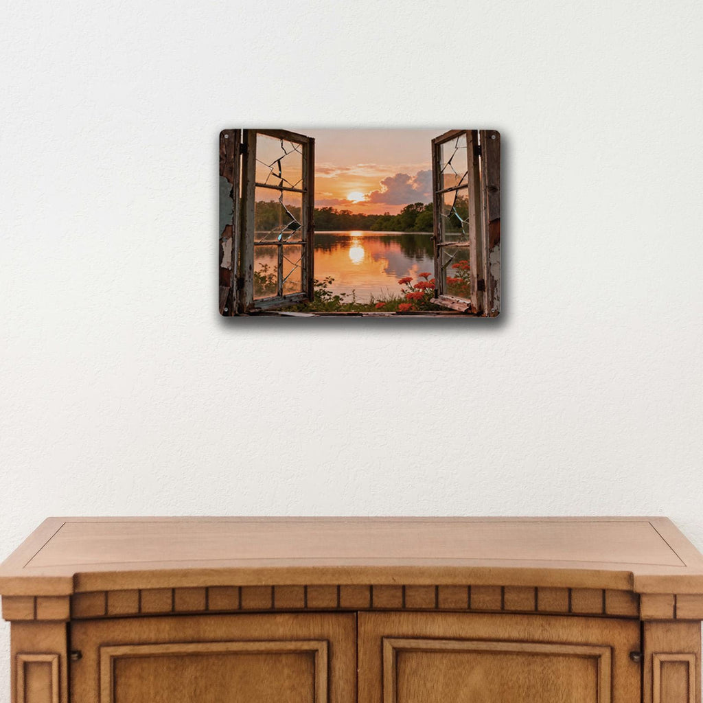 Rustic Open Window Lake Sunset Metal Sign, Broken Window View Wall Art for Farmhouse Cabin Home Decor