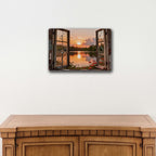 Rustikales Metallschild mit offenem Fenster, See und Sonnenuntergang, Wandkunst mit Blick auf ein kaputtes Fenster für Bauernhaus Ka…