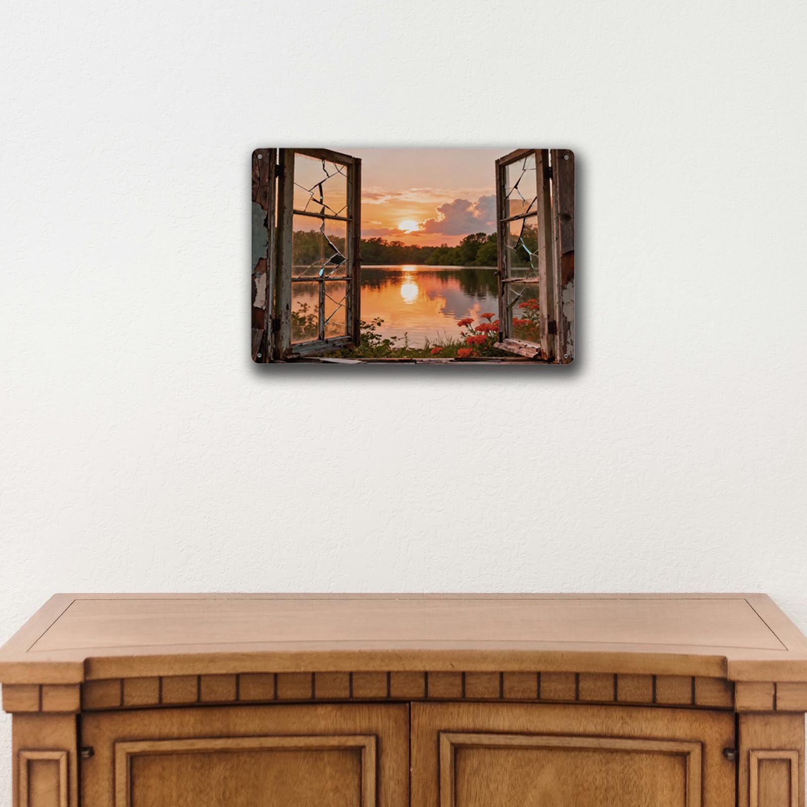Rustic Open Window Lake Sunset Metal Sign, Broken Window View Wall Art for Farmhouse Cabin Home Decor