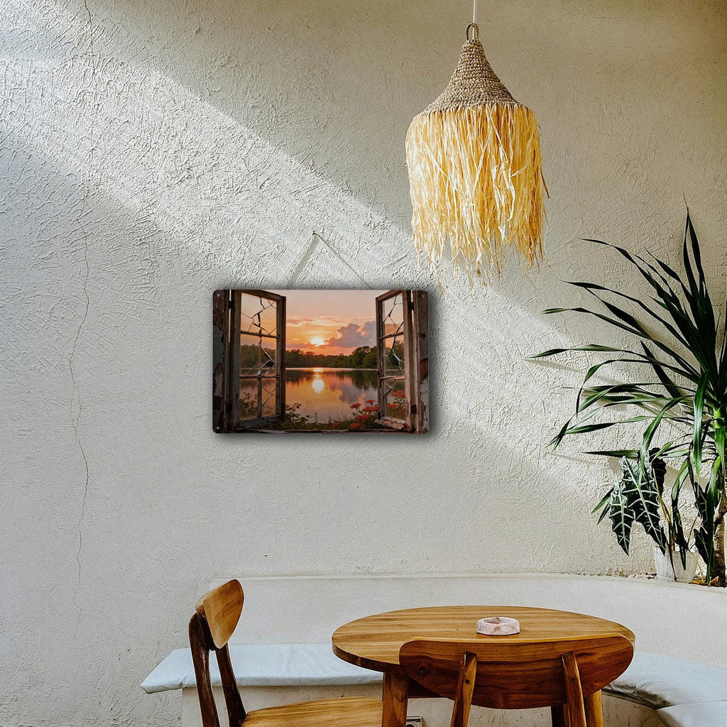Rustic Open Window Lake Sunset Metal Sign, Broken Window View Wall Art for Farmhouse Cabin Home Decor