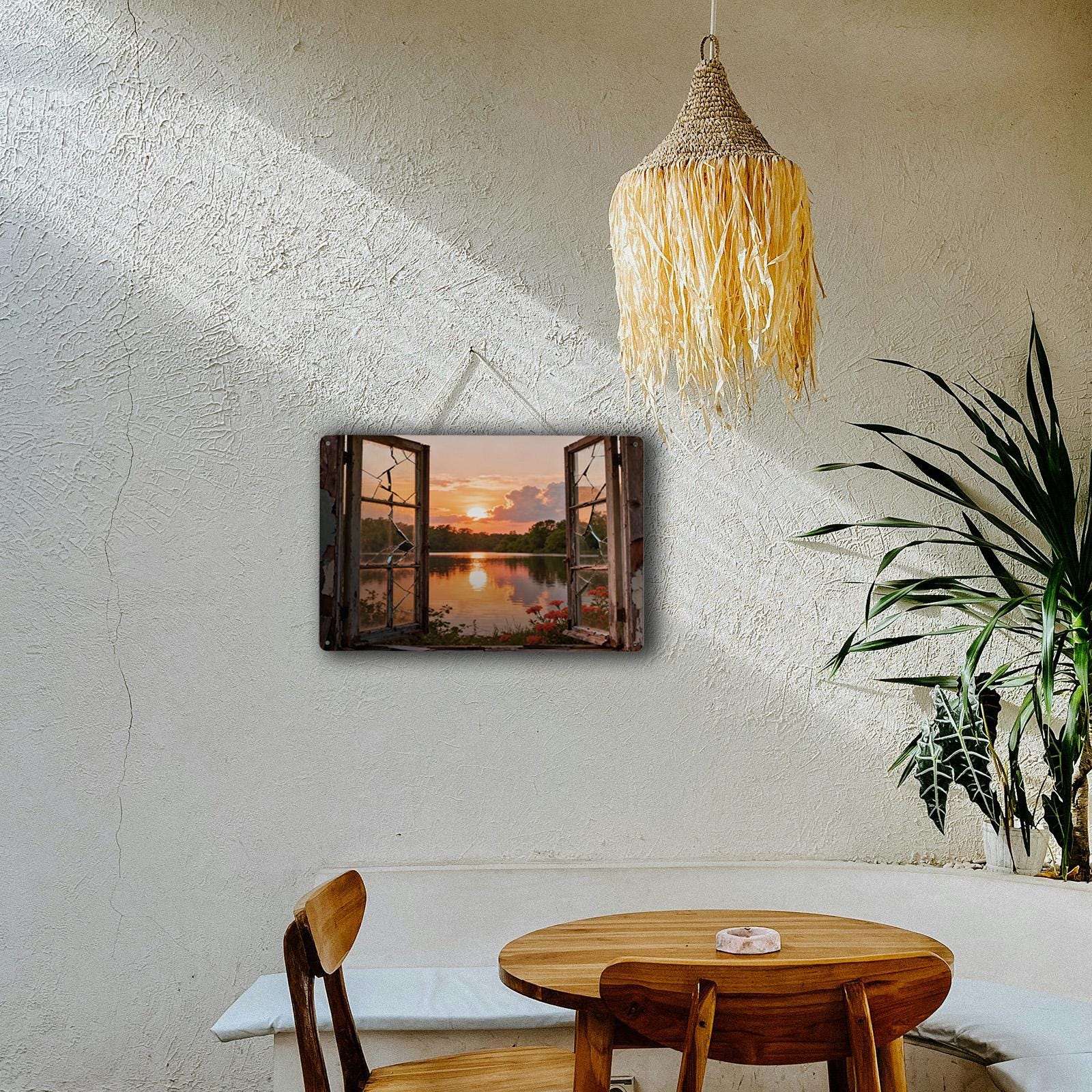 Rustic Open Window Lake Sunset Metal Sign, Broken Window View Wall Art for Farmhouse Cabin Home Decor