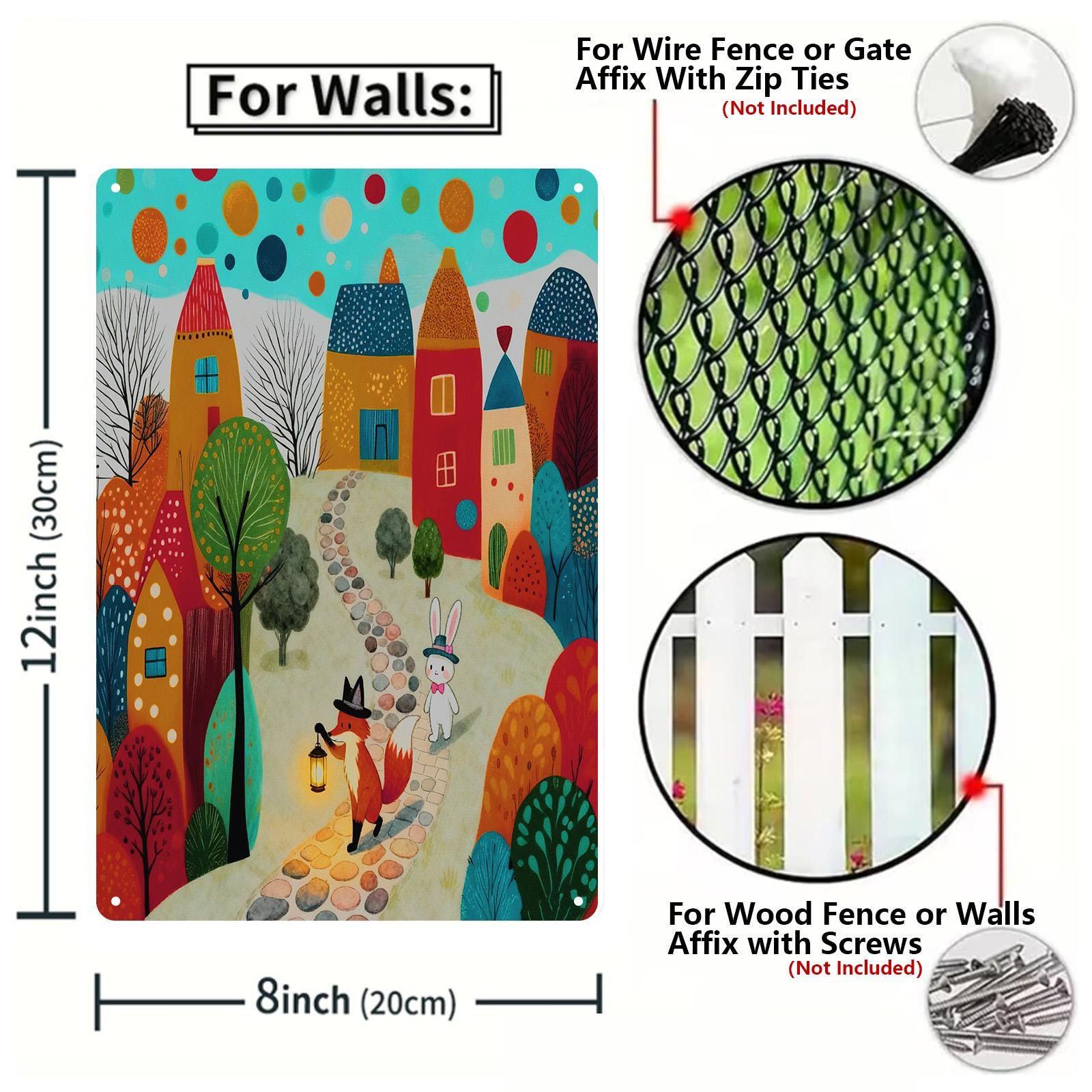 Enseigne murale en métal fantaisiste de village de renards et de lapins, décor d'art mural de chambre d'enfant coloré, dessi…