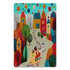 Whimsical Fox and Rabbit Village Metal Sign, Colorful Kids Room Nursery Wall Art Cartoo…