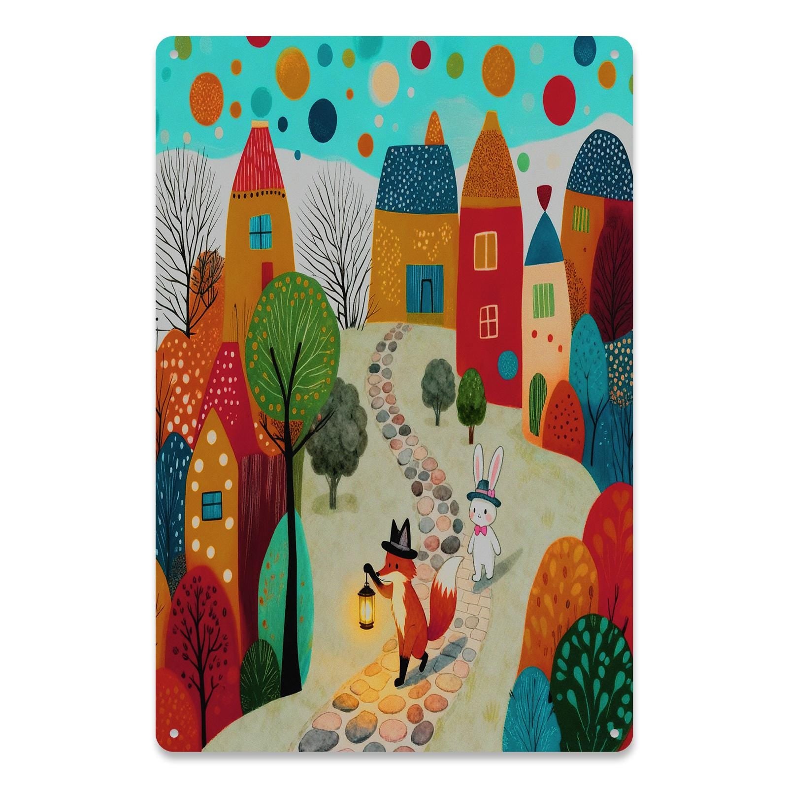 Enseigne murale en métal fantaisiste de village de renards et de lapins, décor d'art mural de chambre d'enfant coloré, dessi…