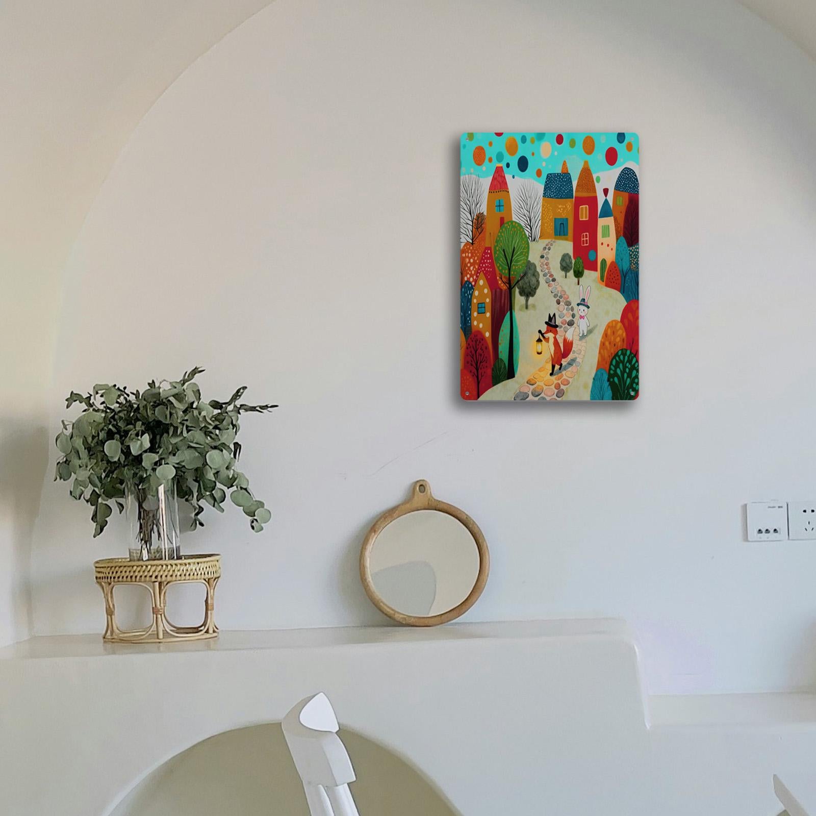 Enseigne murale en métal fantaisiste de village de renards et de lapins, décor d'art mural de chambre d'enfant coloré, dessi…