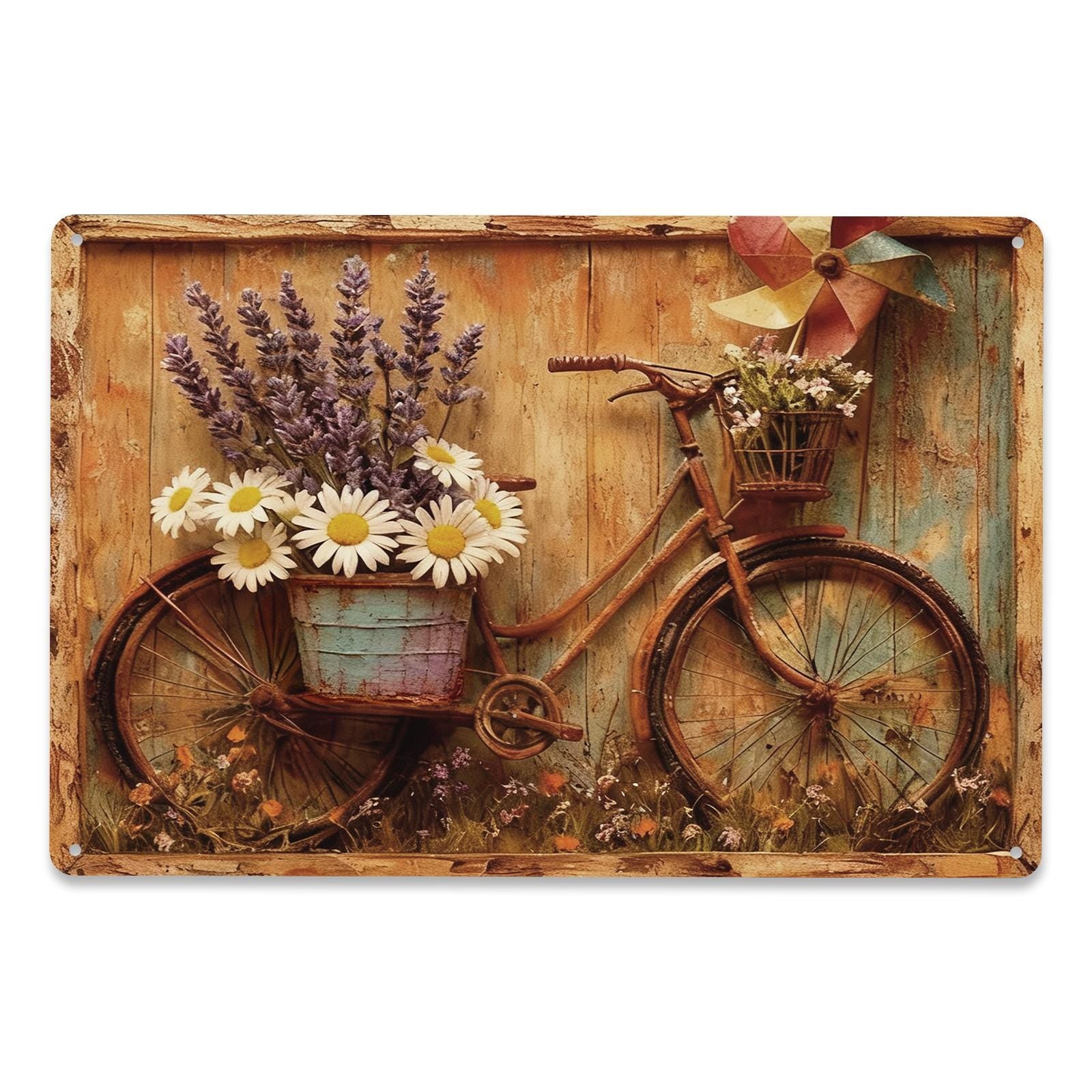 Vintage Bicycle with Flowers Metal Sign, Rustic Lavender Daisy Farmhouse Garden Wall Decor
