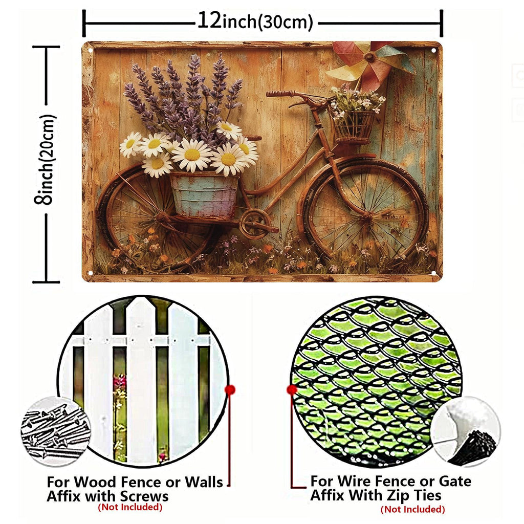 Vintage Fahrrad mit Blumen MetallschildRustikales Lavendel Gänseblümchen Bauernhaus Garten Wanddeko