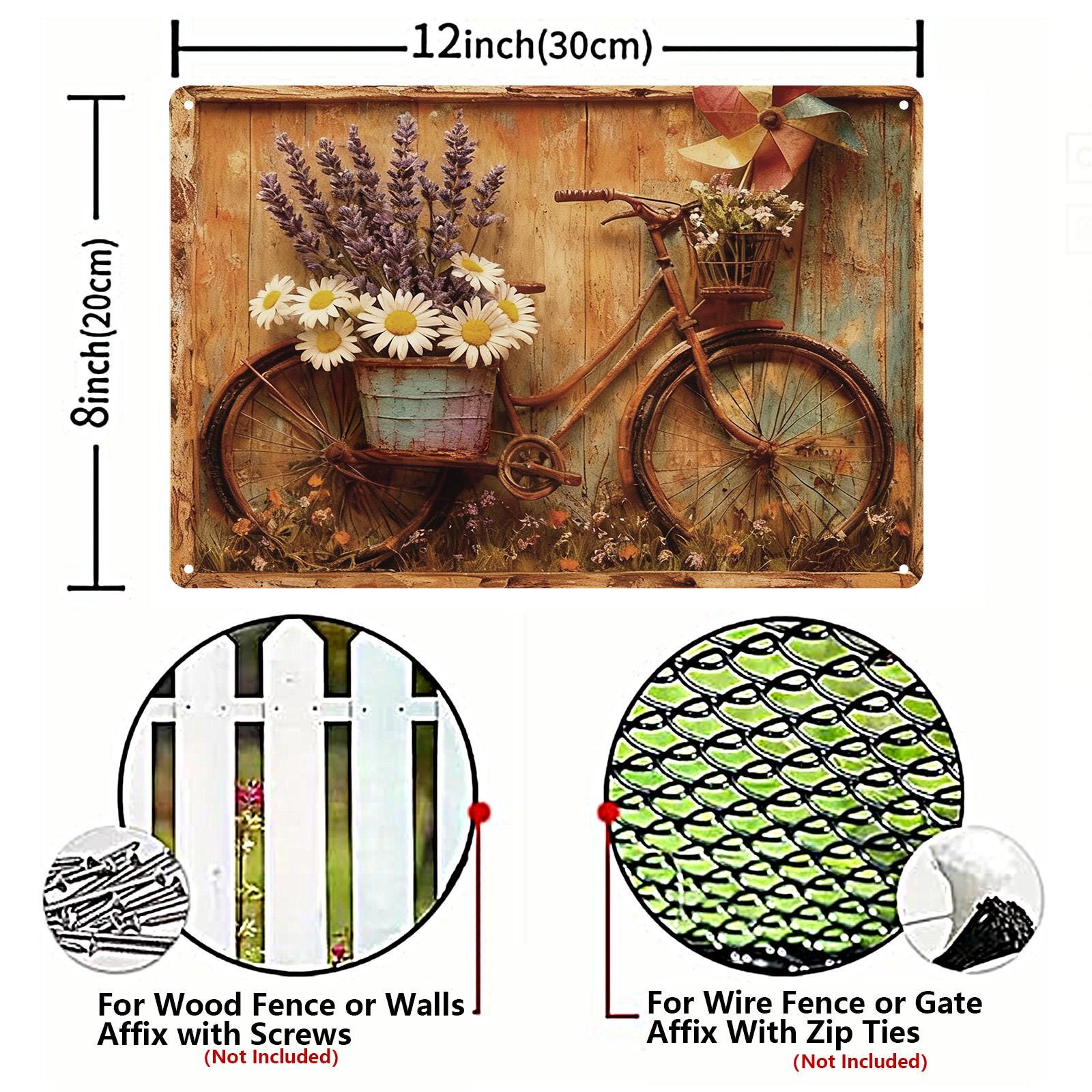 Vintage Bicycle with Flowers Metal Sign, Rustic Lavender Daisy Farmhouse Garden Wall Decor