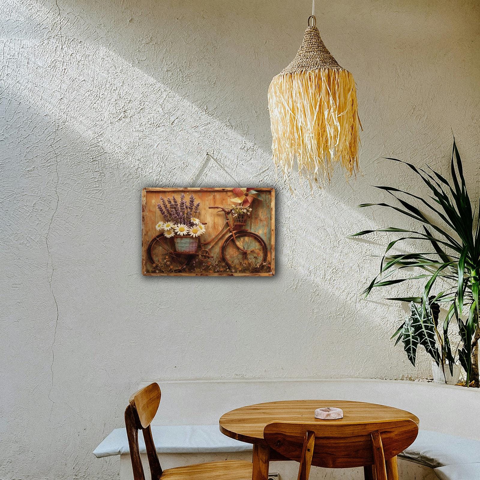 Vintage Bicycle with Flowers Metal Sign, Rustic Lavender Daisy Farmhouse Garden Wall Decor