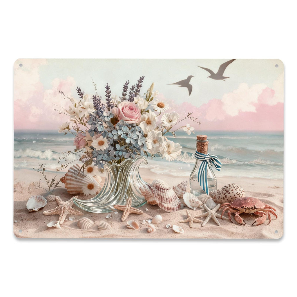 Coastal Beach Flowers and Seashells Metal Sign, Ocean Bouquet Wall Art for Bathroom Beach House Home Decor