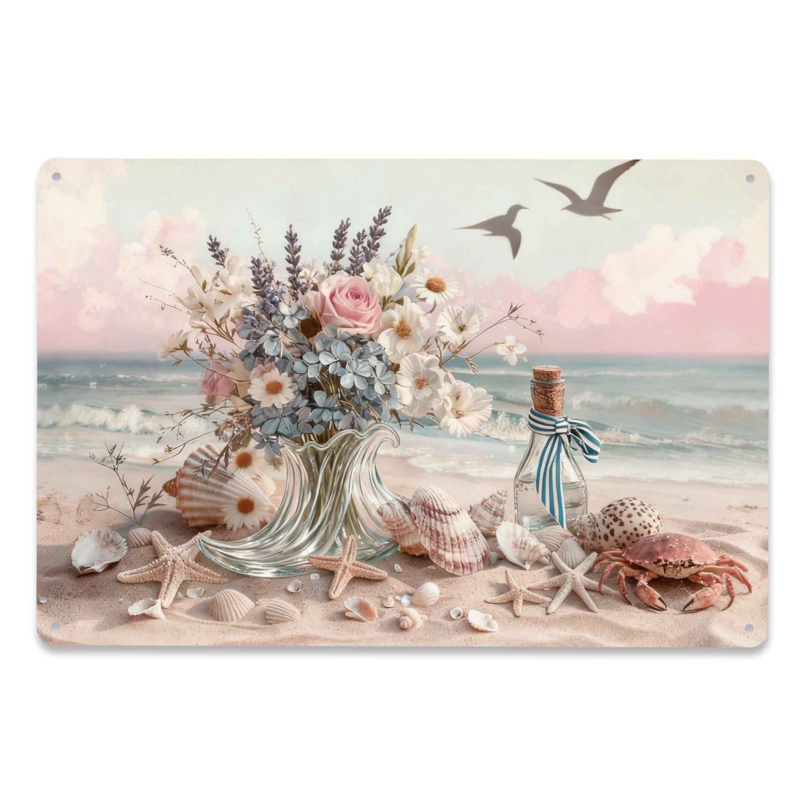 Coastal Beach Flowers and Seashells Metal Sign, Ocean Bouquet Wall Art for Bathroom Beach House Home Decor