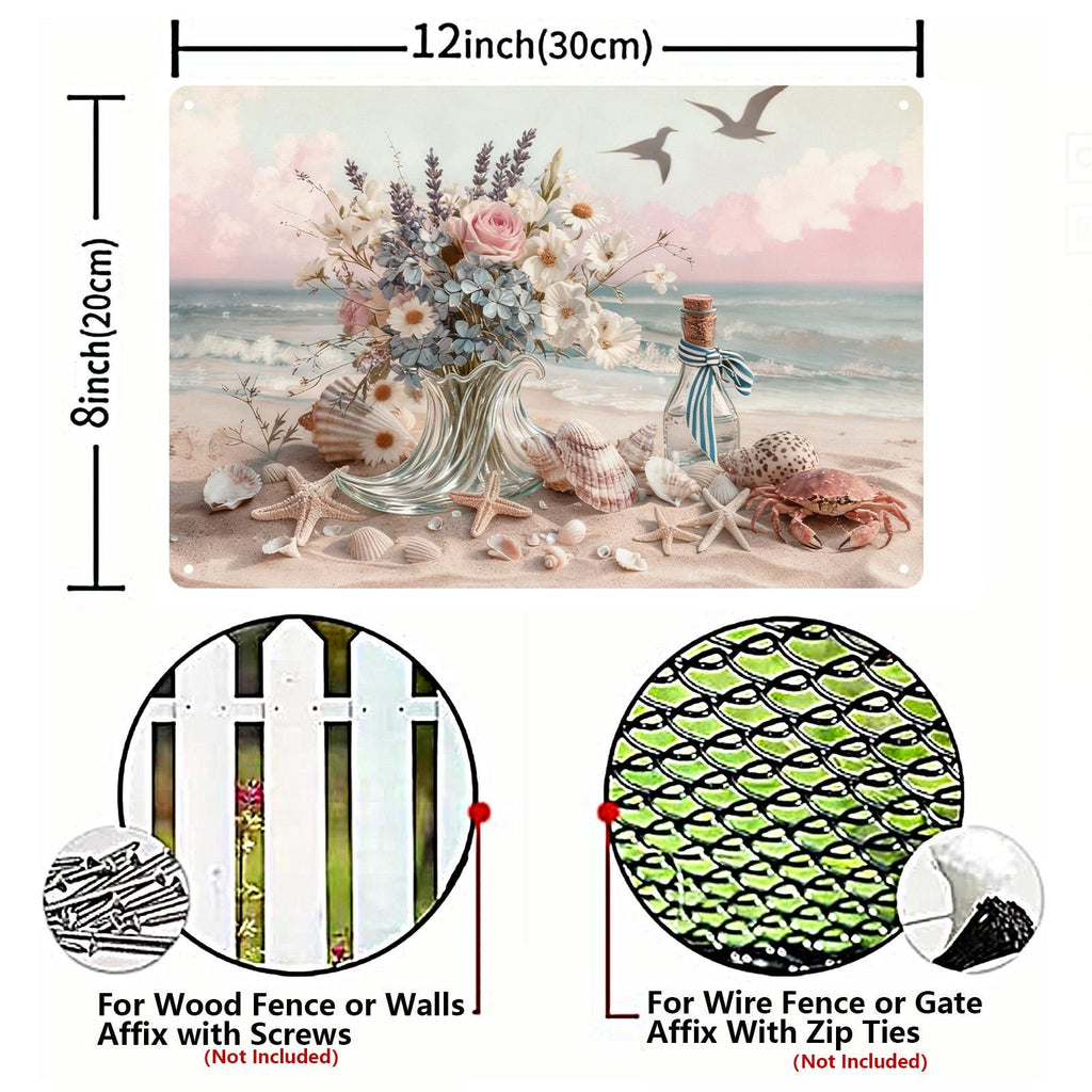 Coastal Beach Flowers and Seashells Metal Sign, Ocean Bouquet Wall Art for Bathroom Beach House Home Decor