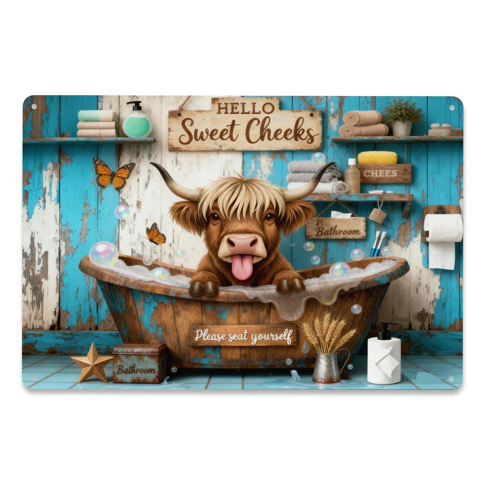 Hello Sweet Cheeks Funny Highland Cow Bathroom Metal Sign, Farmhouse Rustic Tub Wall Decor