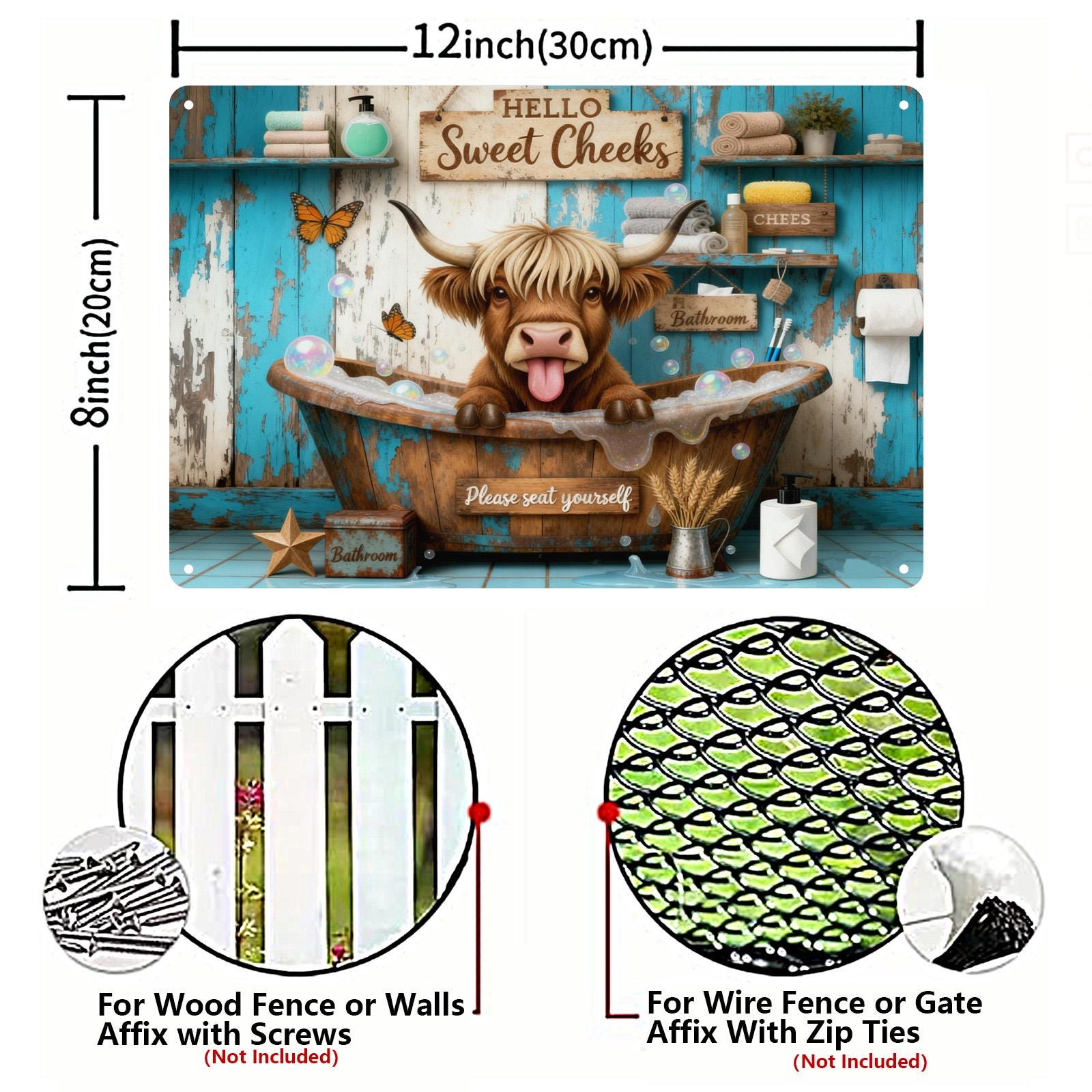 Hello Sweet Cheeks Funny Highland Cow Bathroom Metal Sign, Farmhouse Rustic Tub Wall Decor