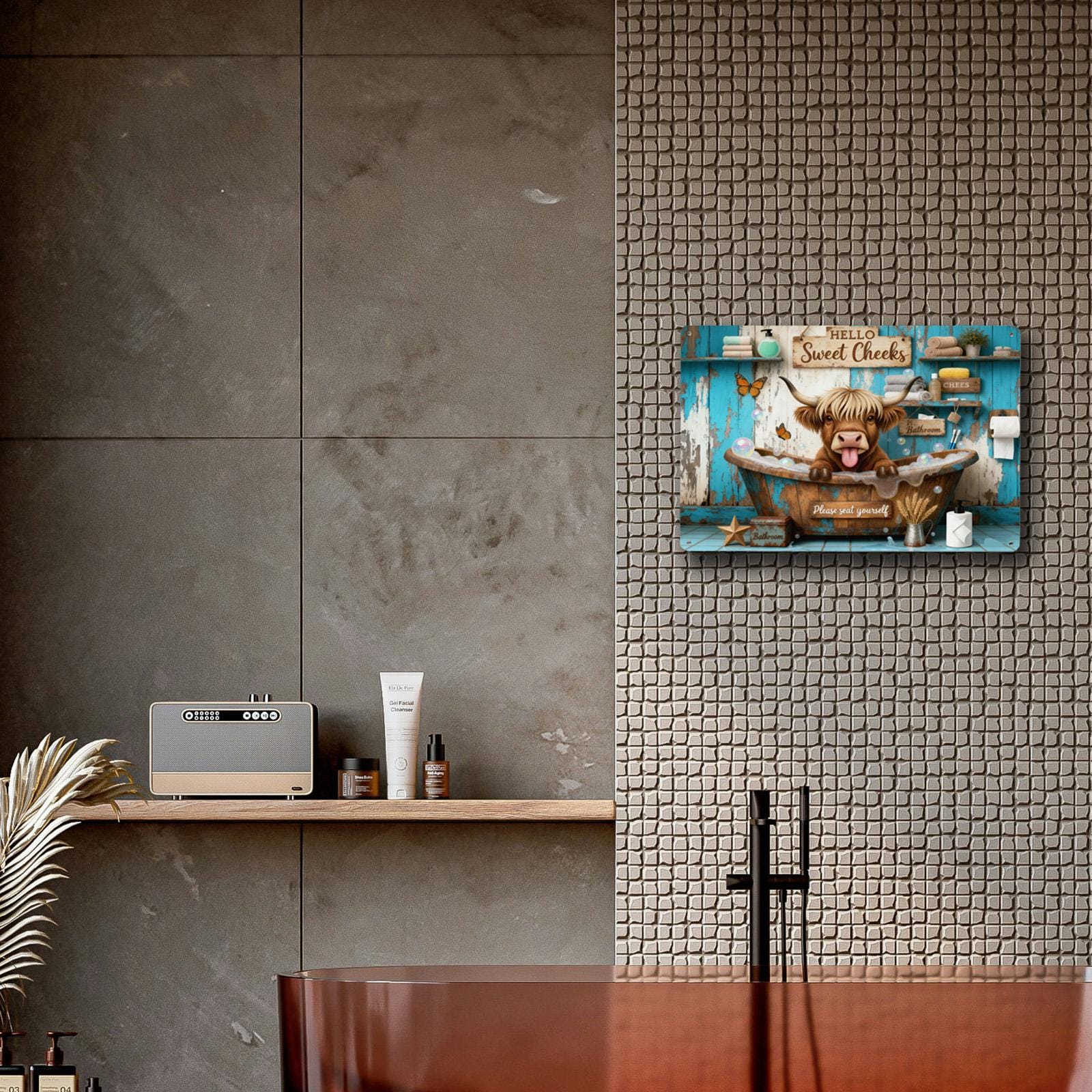 Hello Sweet Cheeks Funny Highland Cow Bathroom Metal Sign, Farmhouse Rustic Tub Wall Decor