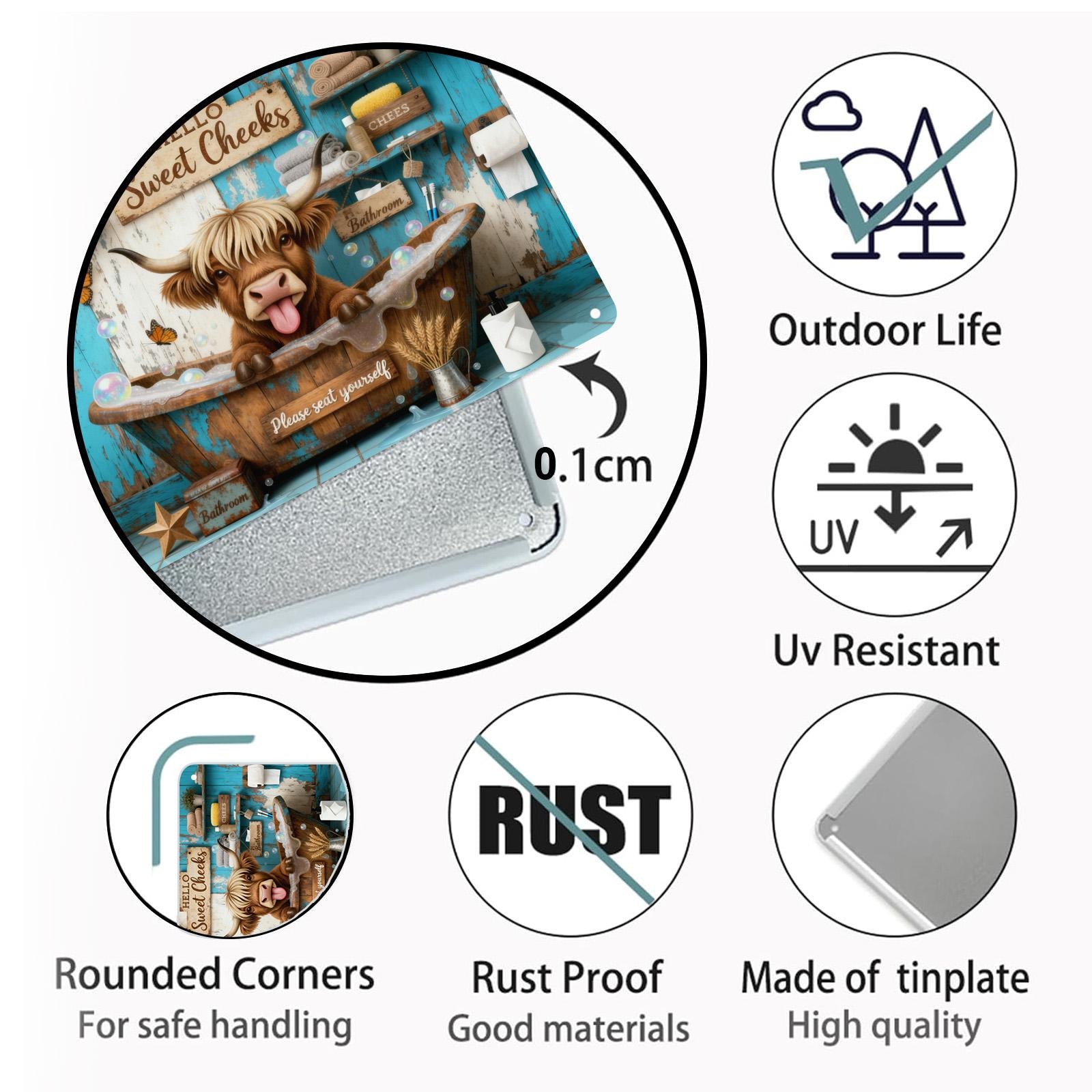 Hello Sweet Cheeks Funny Highland Cow Bathroom Metal Sign, Farmhouse Rustic Tub Wall Decor