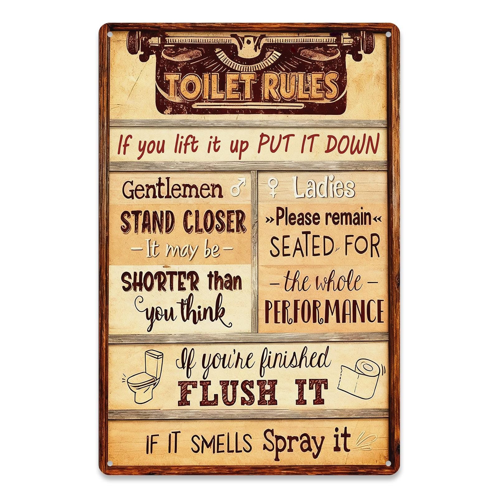 Toilet Rules Funny Bathroom Metal Sign, Rustic Farmhouse Restroom Wall Decor, Vintage Toilet Humor Plaque