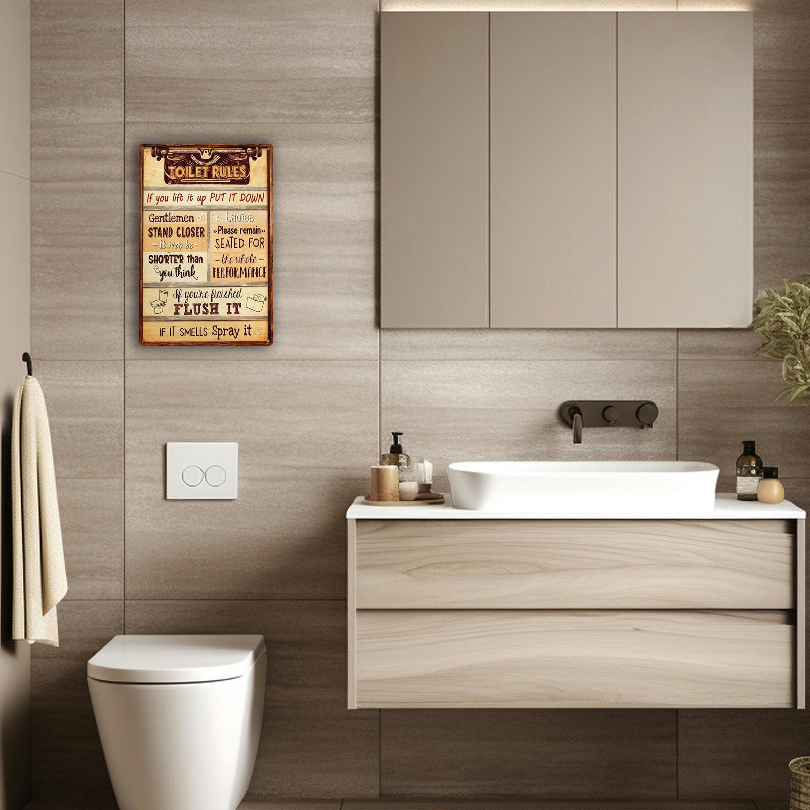 Toilet Rules Funny Bathroom Metal Sign, Rustic Farmhouse Restroom Wall Decor, Vintage Toilet Humor Plaque