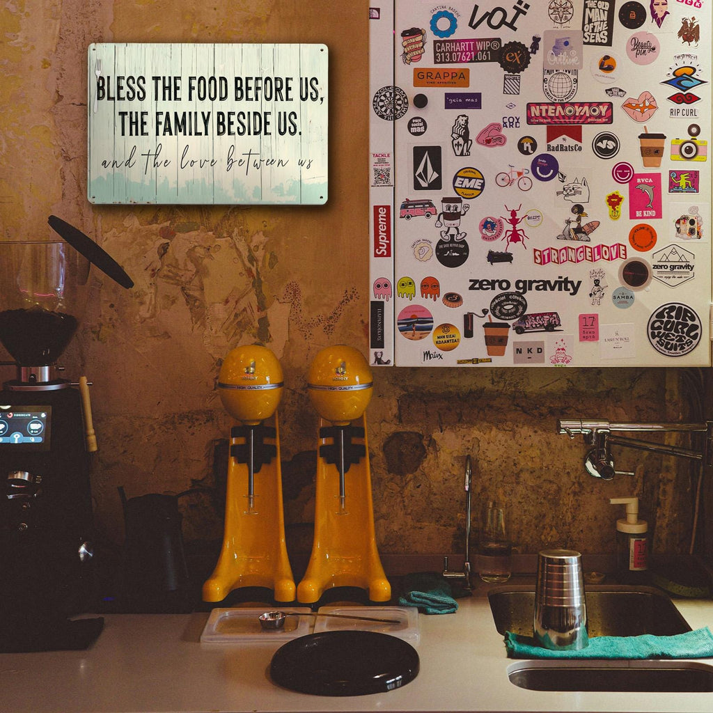 Bless the Food Before Us Metal Sign, Family Beside Us Love Between Us Farmhouse Kitchen Dining Room Wall Decor