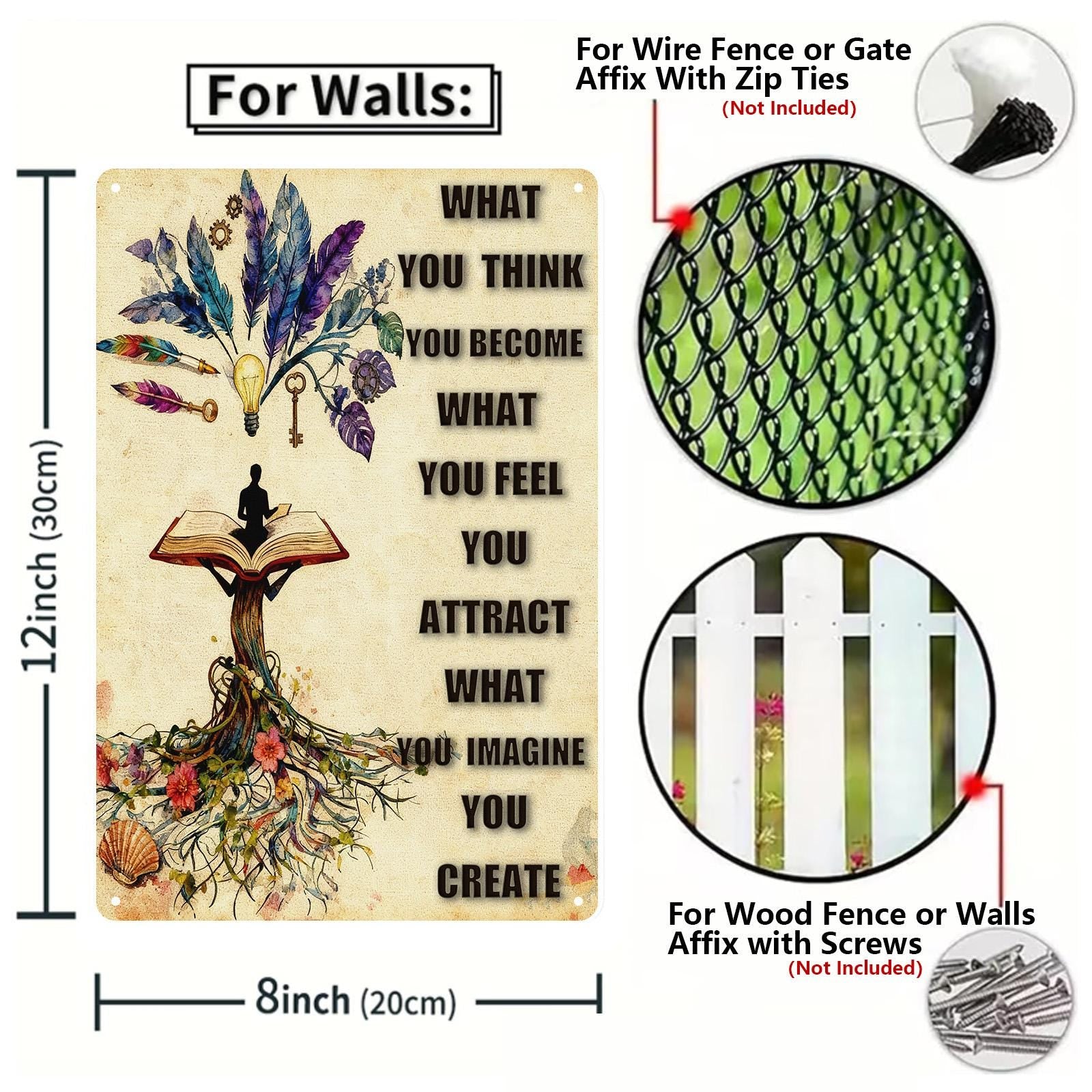 What You Think You Become Metal Sign, Law of Attraction Inspirational Quote Tree of Life Wall Art for Home Office Yoga Room