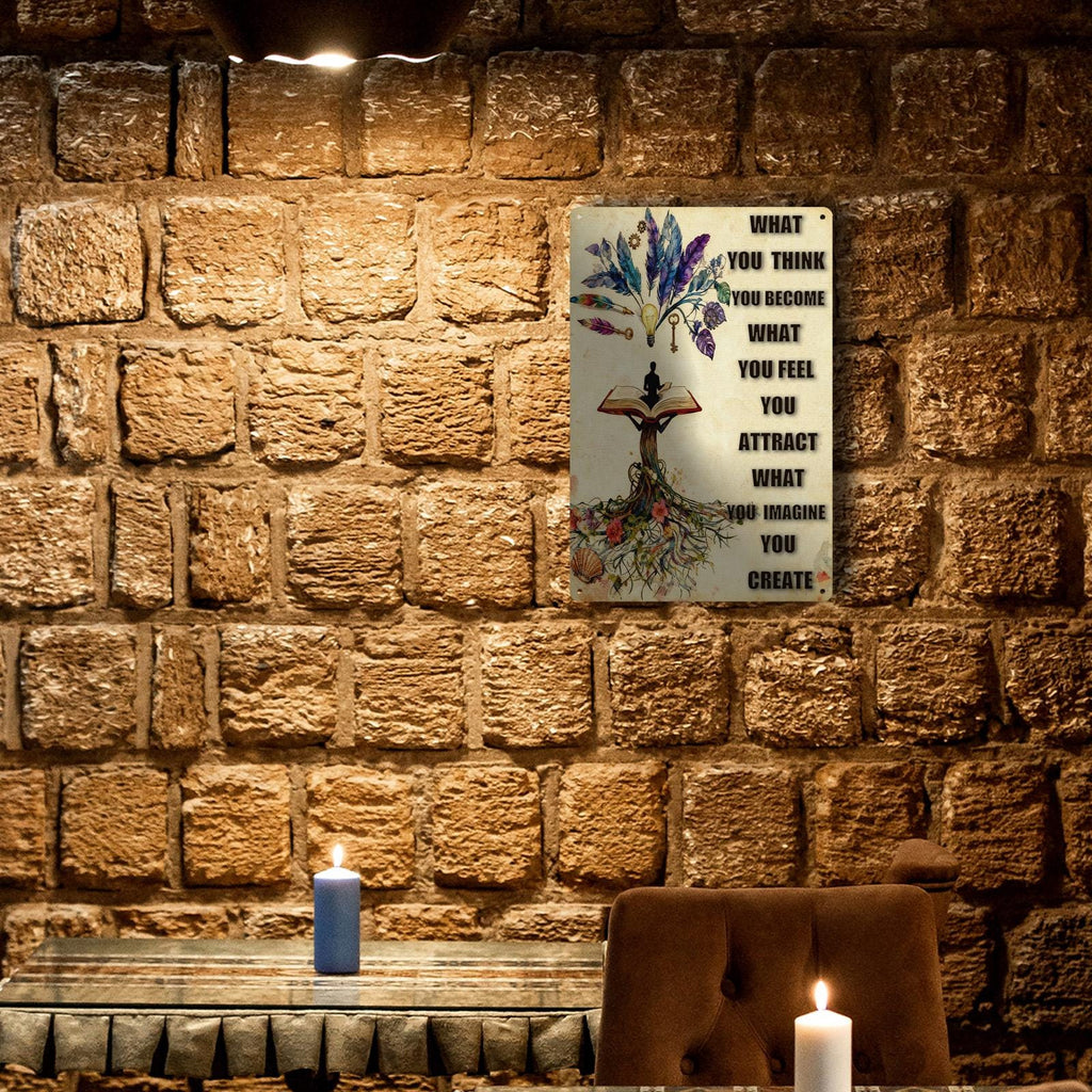 What You Think You Become Metal Sign, Law of Attraction Inspirational Quote Tree of Life Wall Art for Home Office Yoga Room