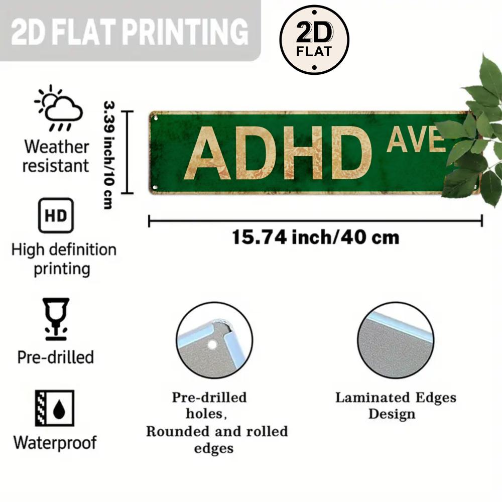 Green Street Sign with Gold Lettering - ADHD Ave Custom Metal Sign for Home Office Decor, Man Cave, or Gift