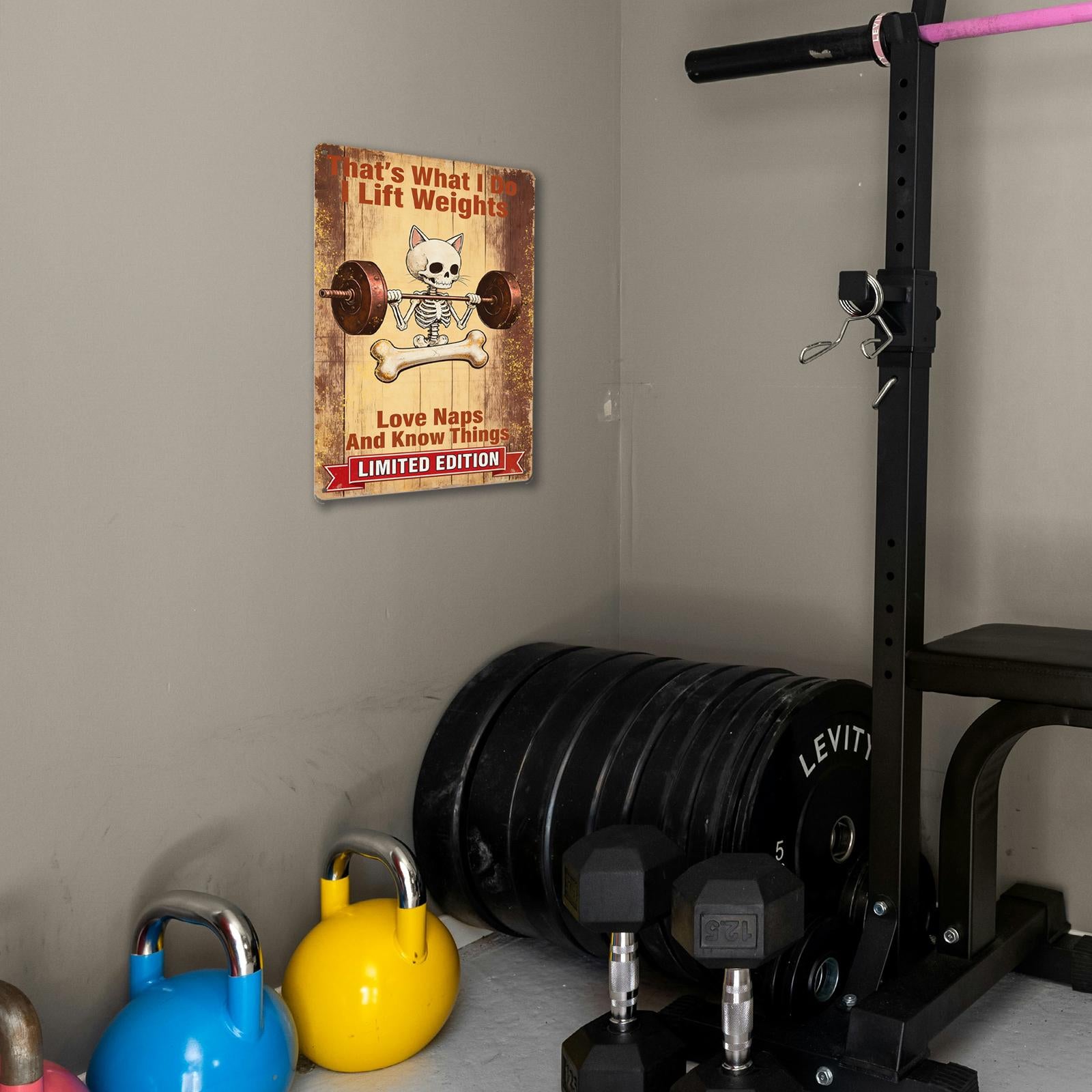 Vintage Cat Skeleton Weightlifting Metal Tin Sign with Funny Gym Quote, Brown Limited Edition Wall Art for Home Office and Workout Room
