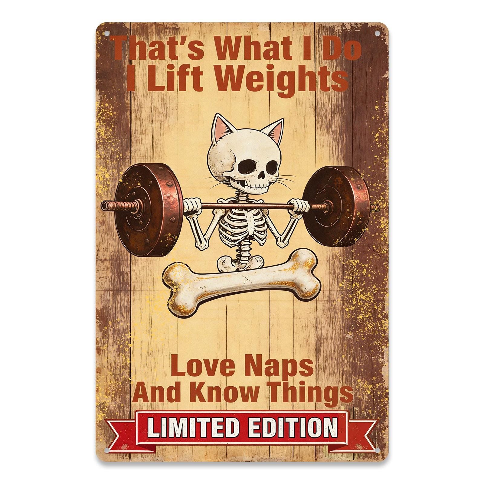 Vintage Cat Skeleton Weightlifting Metal Tin Sign with Funny Gym Quote, Brown Limited Edition Wall Art for Home Office and Workout Room