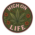 Rundes grünes Marihuana-Blatt und Blumen-Patch, „High On Life“-Design für Kleidung, Hut…