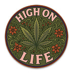 Rundes grünes Marihuana-Blatt und Blumen-Patch, „High On Life“-Design für Kleidung, Hut…