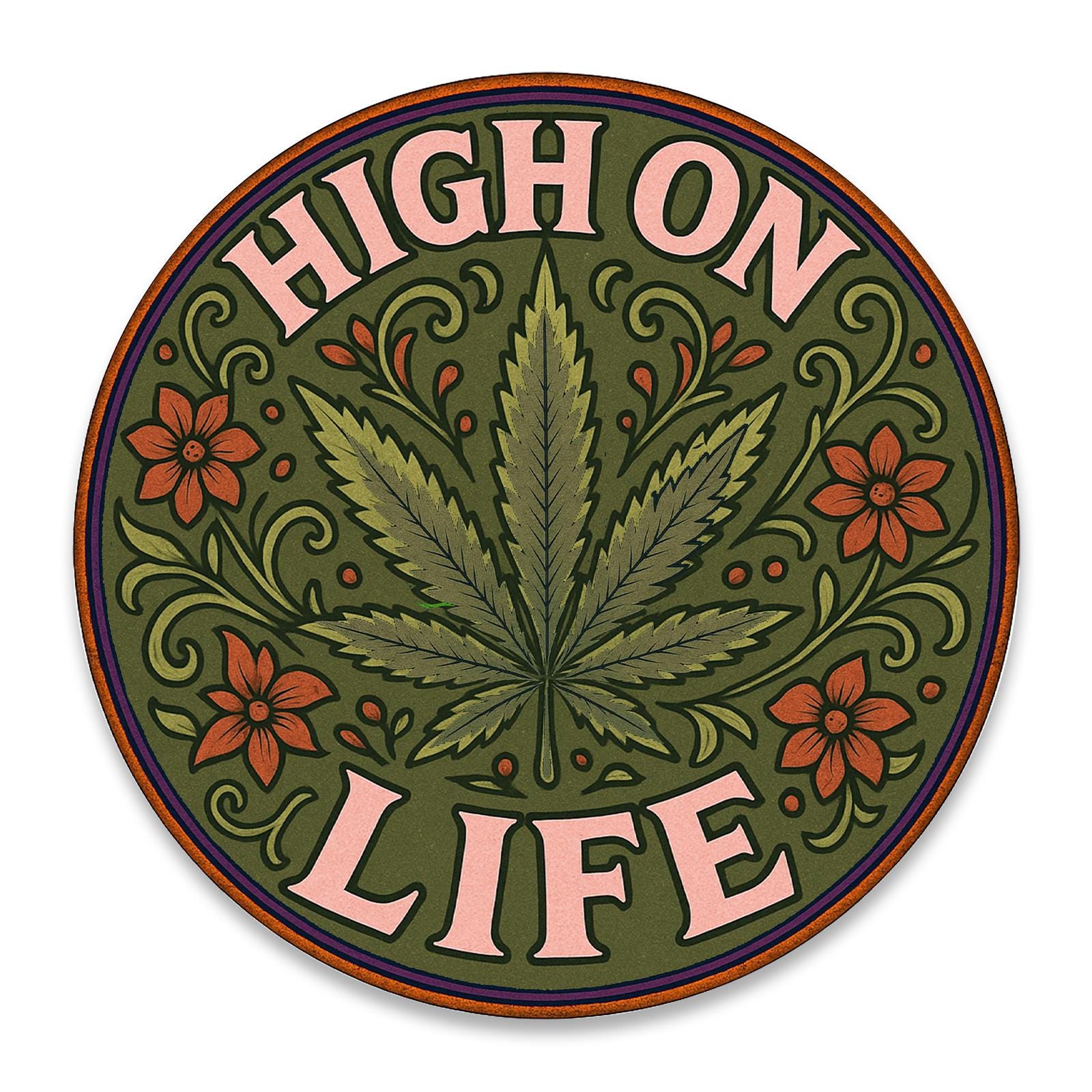 Round Green Marijuana Leaf and Flowers Patch, 'High On Life' Design for Clothing, Hat, and Accessory DIY Embroidery