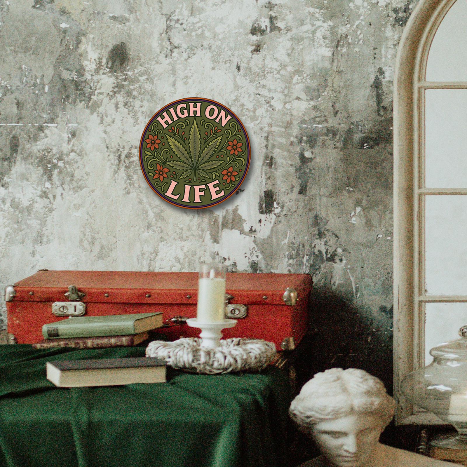 Round Green Marijuana Leaf and Flowers Patch, 'High On Life' Design for Clothing, Hat, and Accessory DIY Embroidery