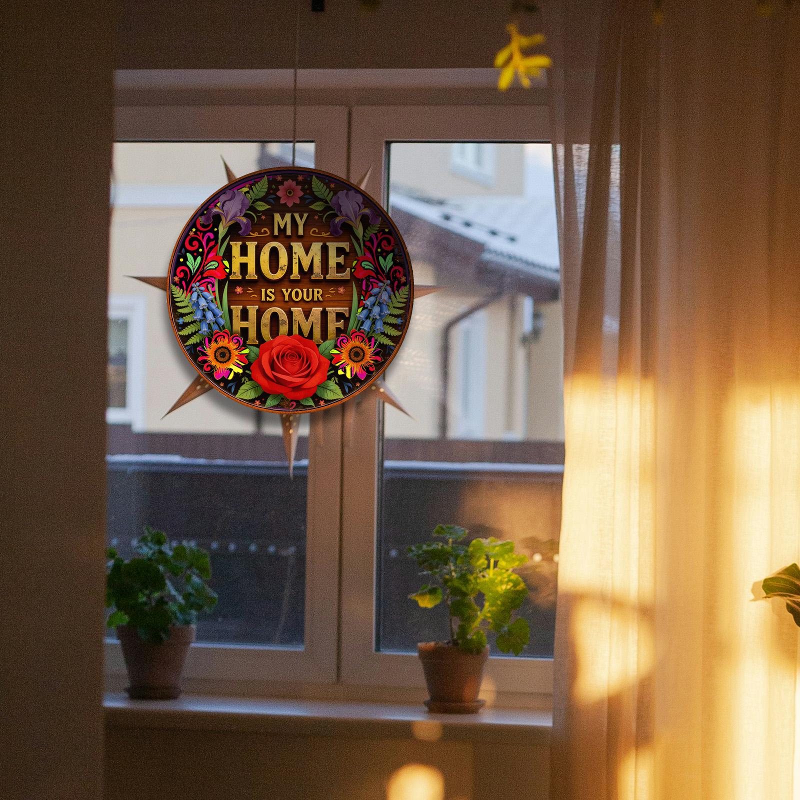 Round Welcome Wooden Wall Decor with Floral and 'My Home is Your Home' Text Design for Entryway, Porch or Farmhouse Decor