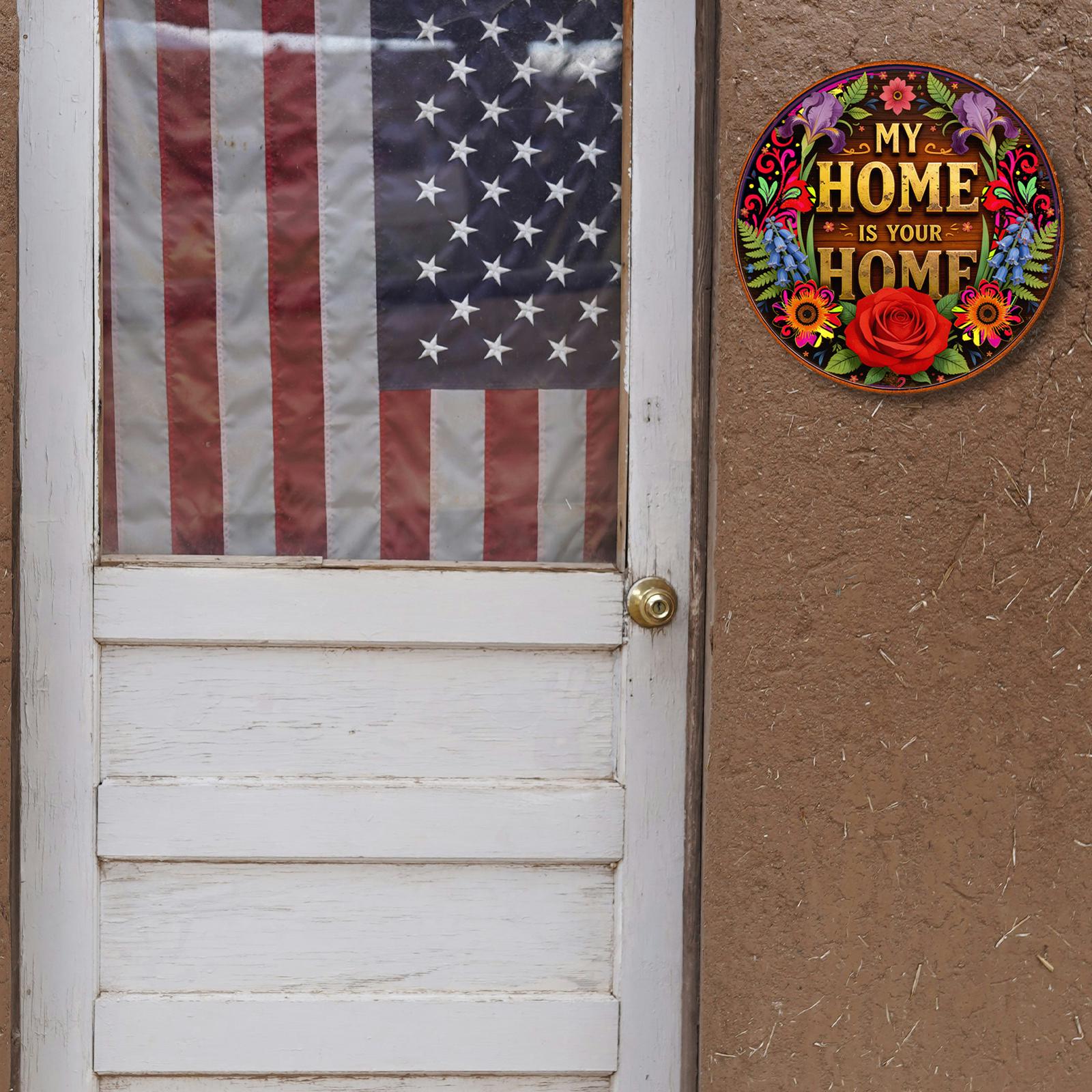 Round Welcome Wooden Wall Decor with Floral and 'My Home is Your Home' Text Design for Entryway, Porch or Farmhouse Decor