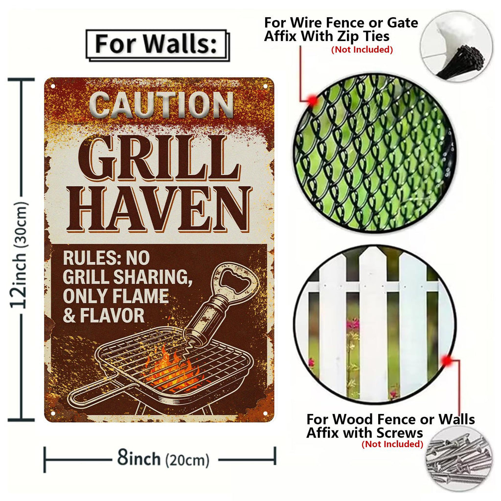 Letrero de metal "Vintage Grill Haven" con diseño de llamaDecoración rústica de cocina exterior para patio traser…