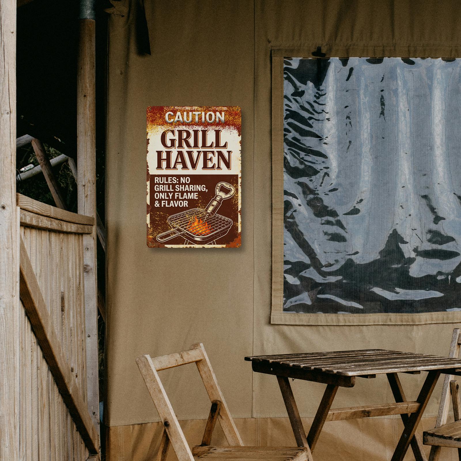 Vintage Grill Haven Metal Sign with Flame Design, Rustic Outdoor Kitchen Decor for Backyard and Patio