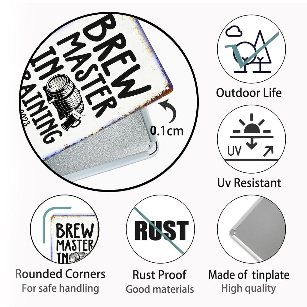 Brew Master In Training Metal Wall Sign with Beer Barrel Graphic for Home Bar, Kitchen or Man Cave Decor