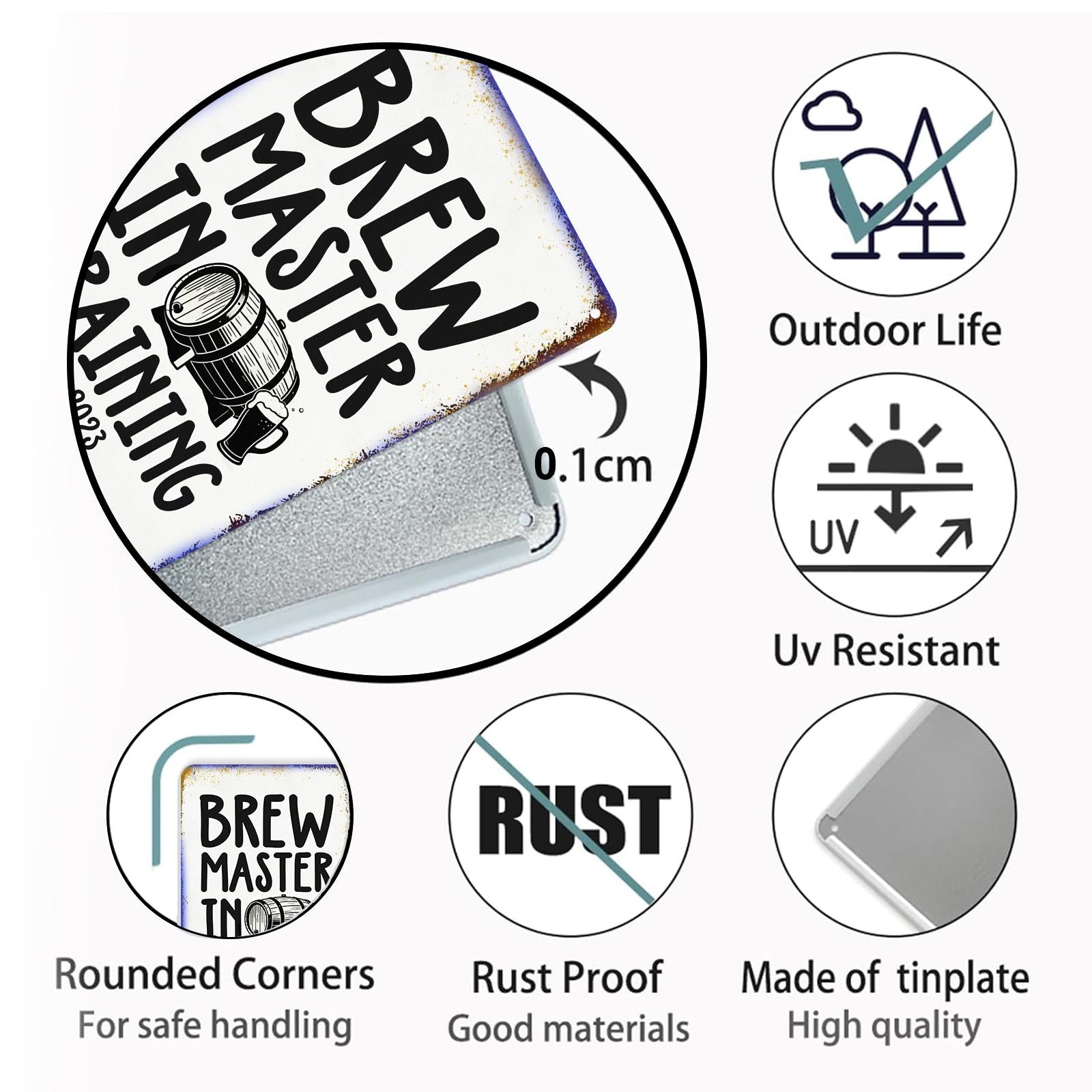 Brew Master In Training Metal Wall Sign with Beer Barrel Graphic for Home Bar, Kitchen or Man Cave Decor