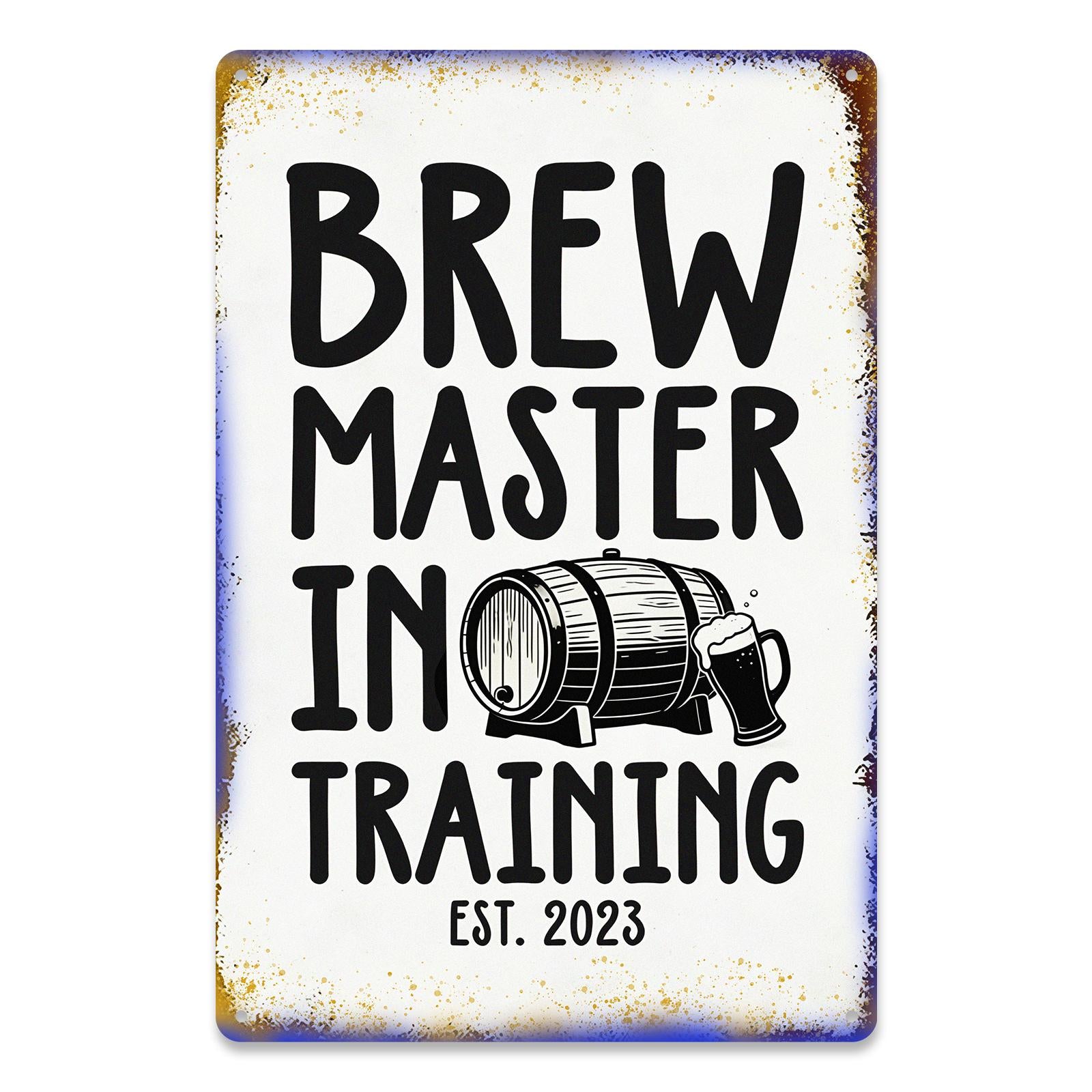 Brew Master In Training Metal Wall Sign with Beer Barrel Graphic for Home Bar, Kitchen or Man Cave Decor