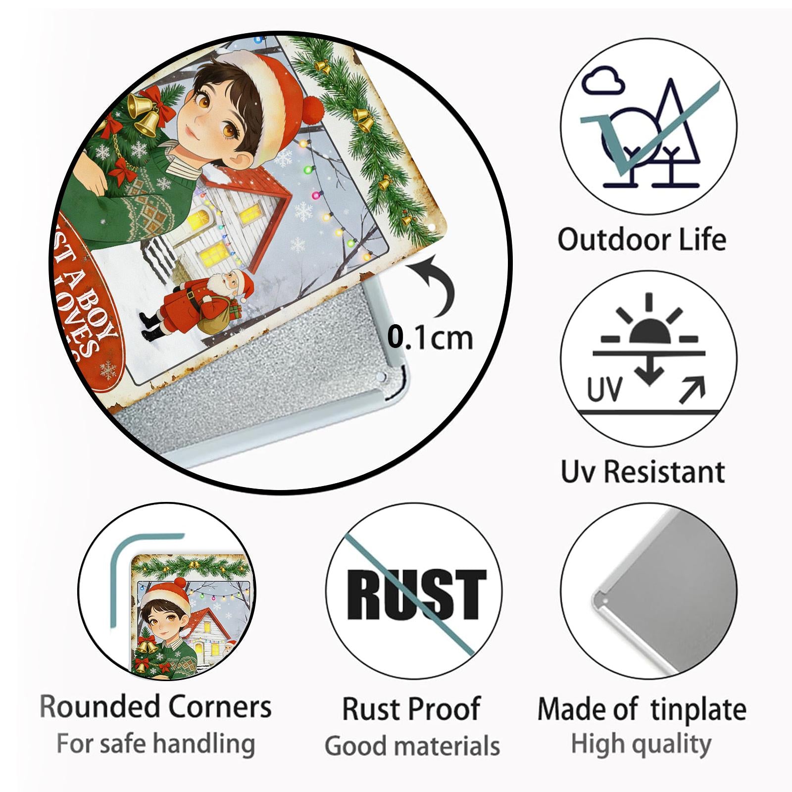 Vintage Christmas Boy Metal Wall Sign with Santa and Tree, ‘Just a Boy Who Loves Christmas’ Holiday Home Decor