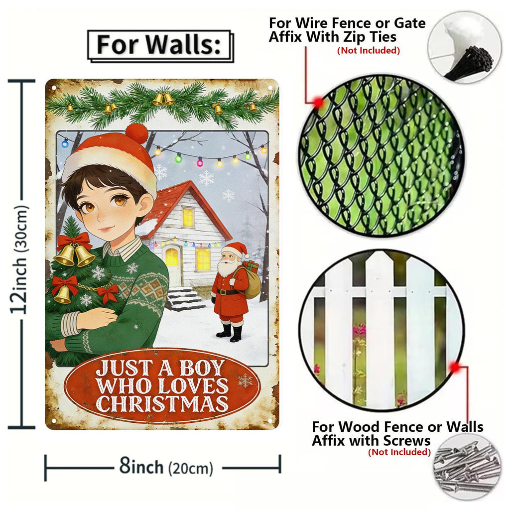 Plaque murale métallique vintage de Noël avec Père Noël et sapin, « Juste un garçon qui aime Noël…