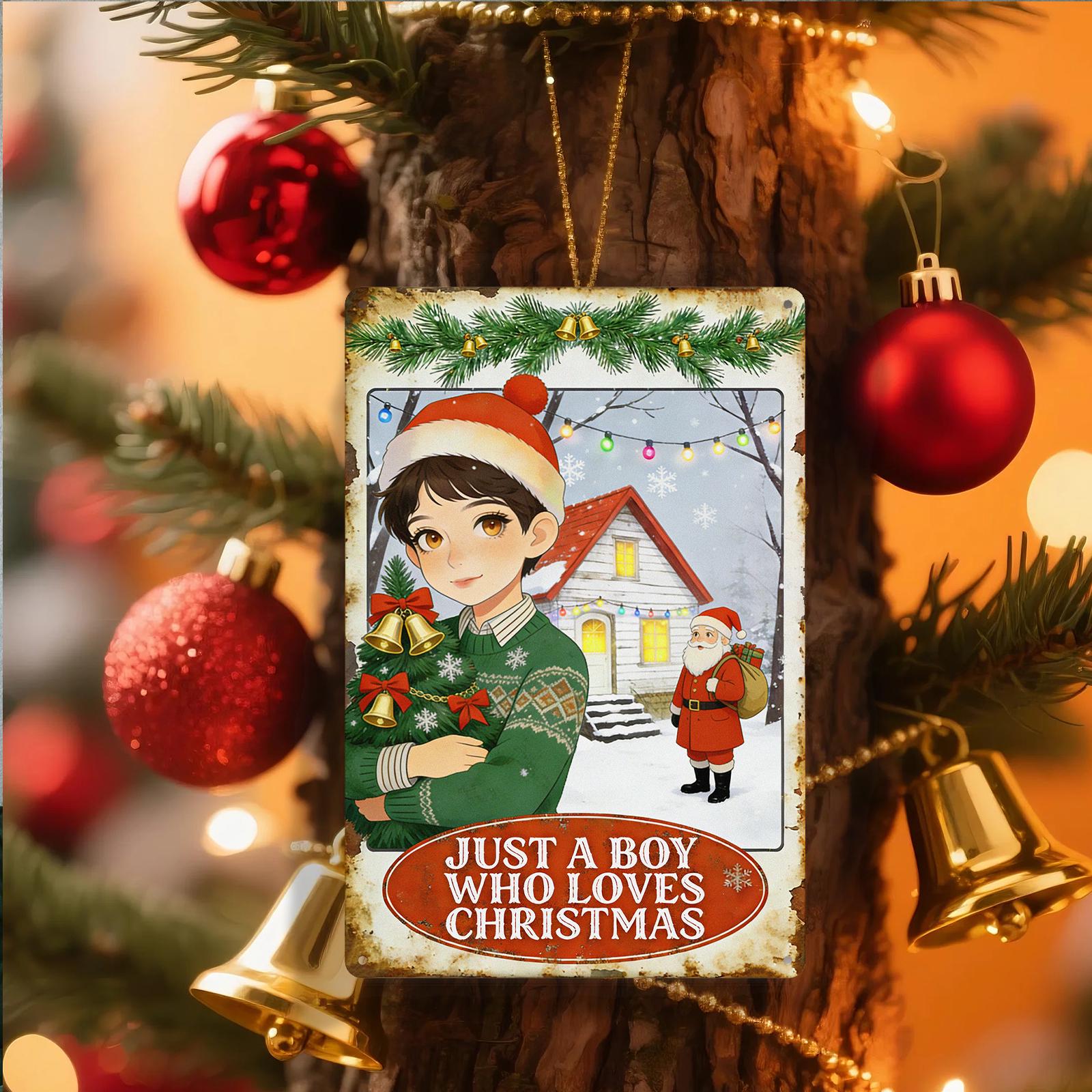 Vintage Christmas Boy Metal Wall Sign with Santa and Tree, ‘Just a Boy Who Loves Christmas’ Holiday Home Decor