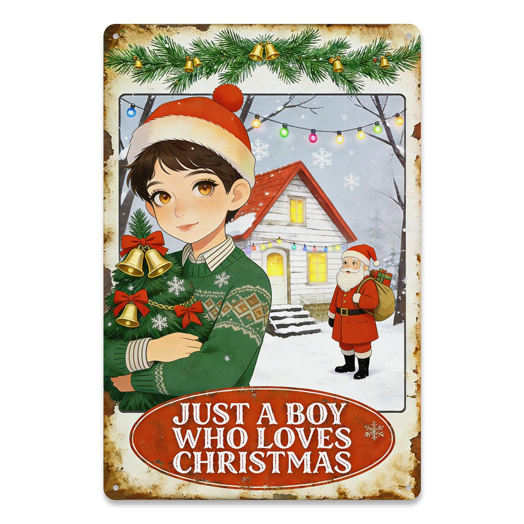 Plaque murale métallique vintage de Noël avec Père Noël et sapin, « Juste un garçon qui aime Noël…