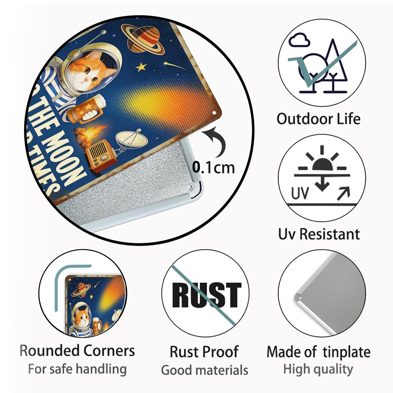 Retro Space Cat Metal Sign with Beer and Saturn, 'To The Moon And Good Times' Bar and Home Wall Art Decor