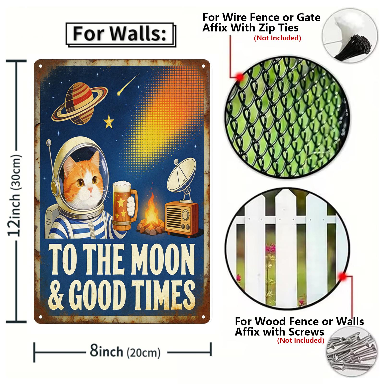 Retro Space Cat Metal Sign with Beer and Saturn, 'To The Moon And Good Times' Bar and Home Wall Art Decor